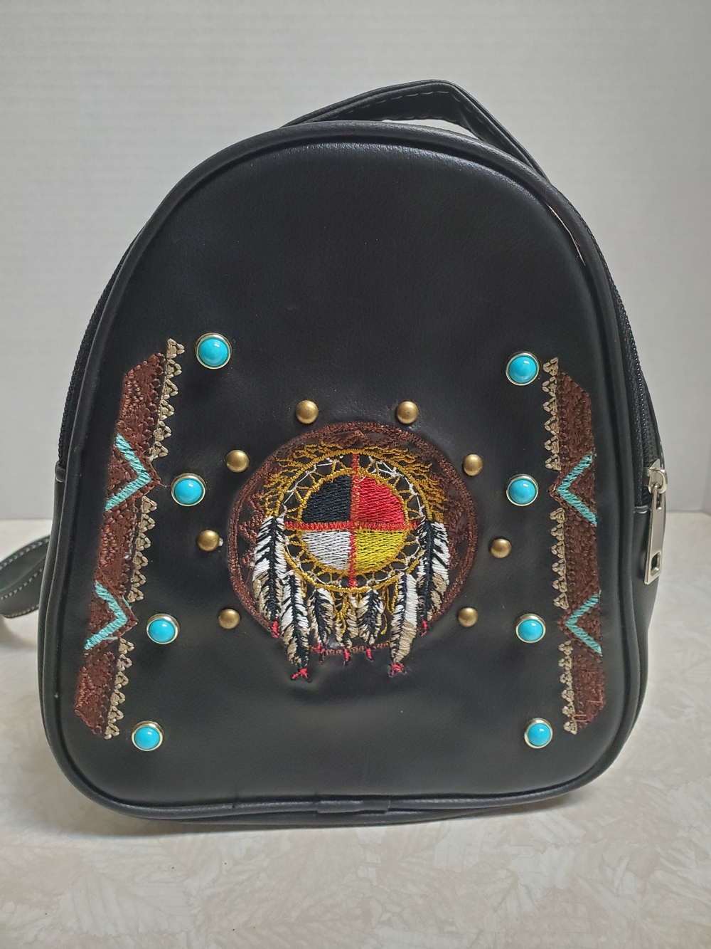 Black Mini Backpack Medicine Wheel Design Turquoise Accents